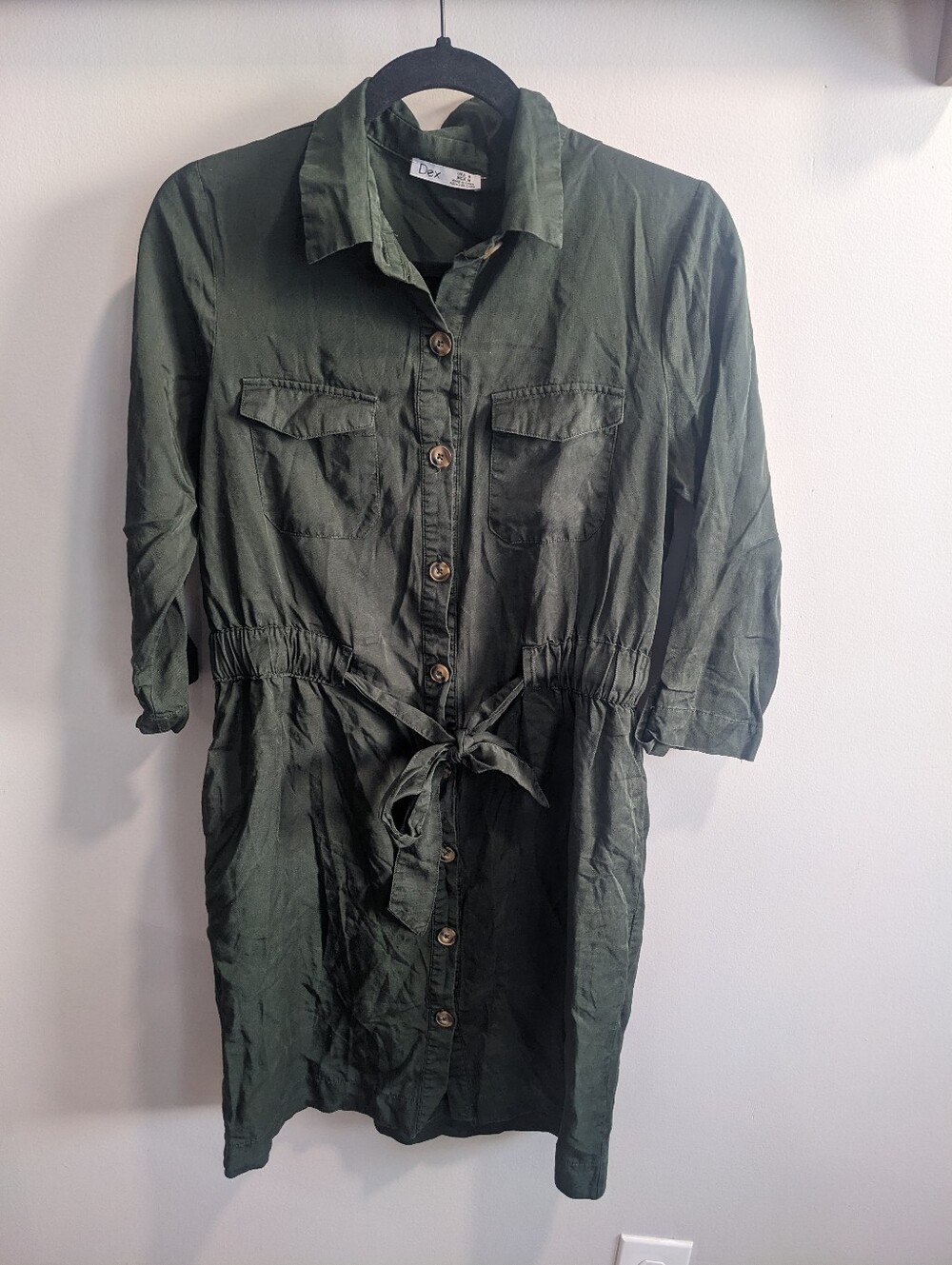 Dex Army Green Button Down Dress With Belt Tie 100% Tencil Casual